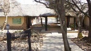 A reception area with a sign, pathway, and thatched-roof building. - Thabaledi Game Lodge (Beestekraal)