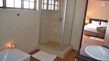 A bathroom with a glass-enclosed shower, a bathtub, and a sink.