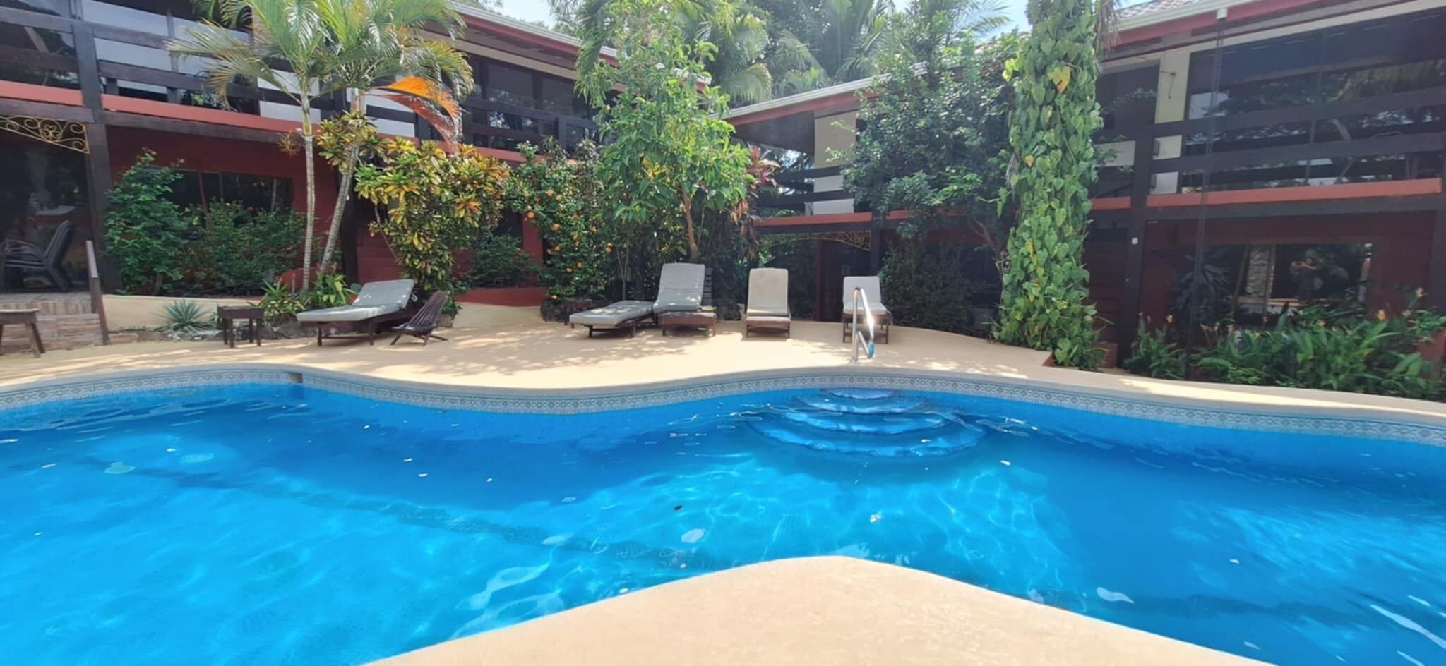 Una piscina con lettini e vegetazione circostante.