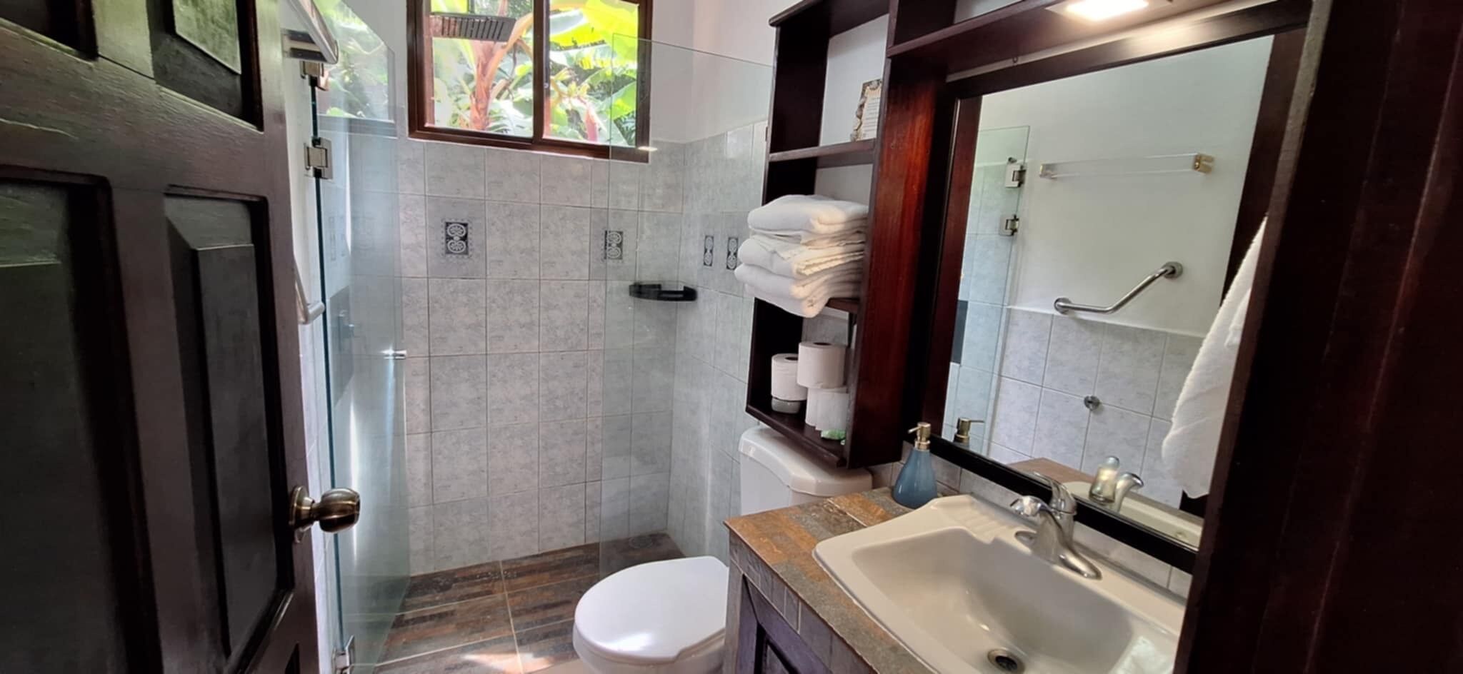 Un baño pequeño con cabina de ducha de vidrio, inodoro, lavabo con espejo y barra para toallas.