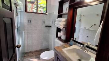 Un baño pequeño con cabina de ducha de vidrio, inodoro, lavabo con espejo y barra para toallas.