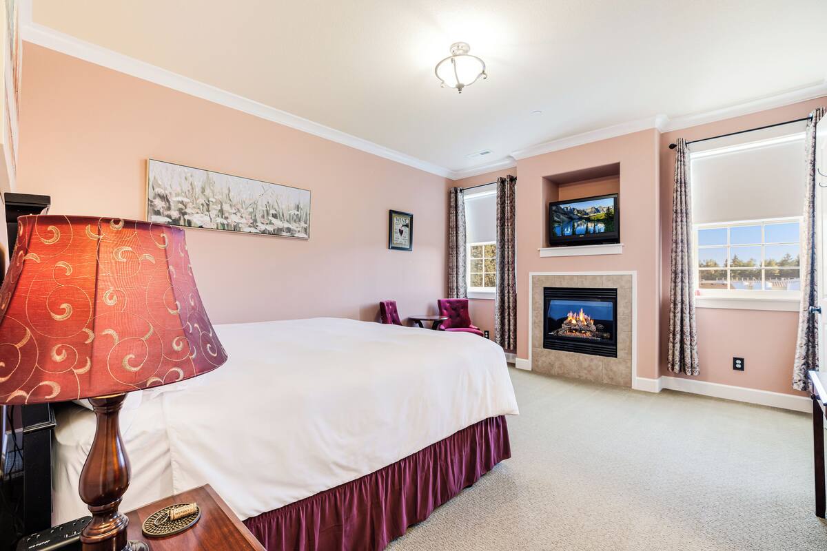 A bedroom with a bed, a fireplace, a TV, and a window with curtains.