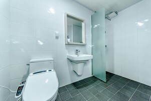 A modern bathroom with a white toilet, a sink, a mirror, and a shower area.