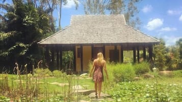 A person walking towards a building with a tiled roof, surrounded by lush greenery and a pond with lily pads.