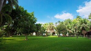 A lush green lawn with palm trees and a building in the background. - Chitwan Paradise Hotel (Sauraha)