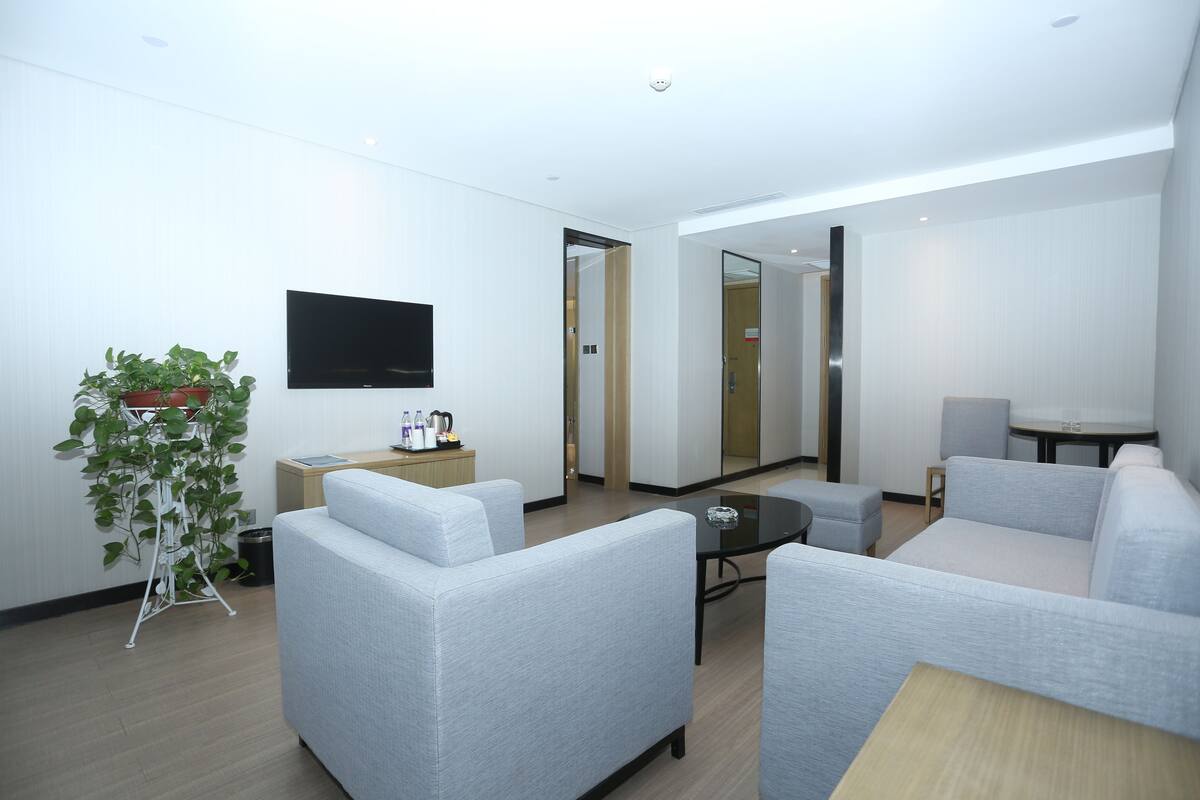 Een moderne hotelkamer met een bank, een klein tafeltje, een potplant en een flatscreen televisie die aan de muur is bevestigd.