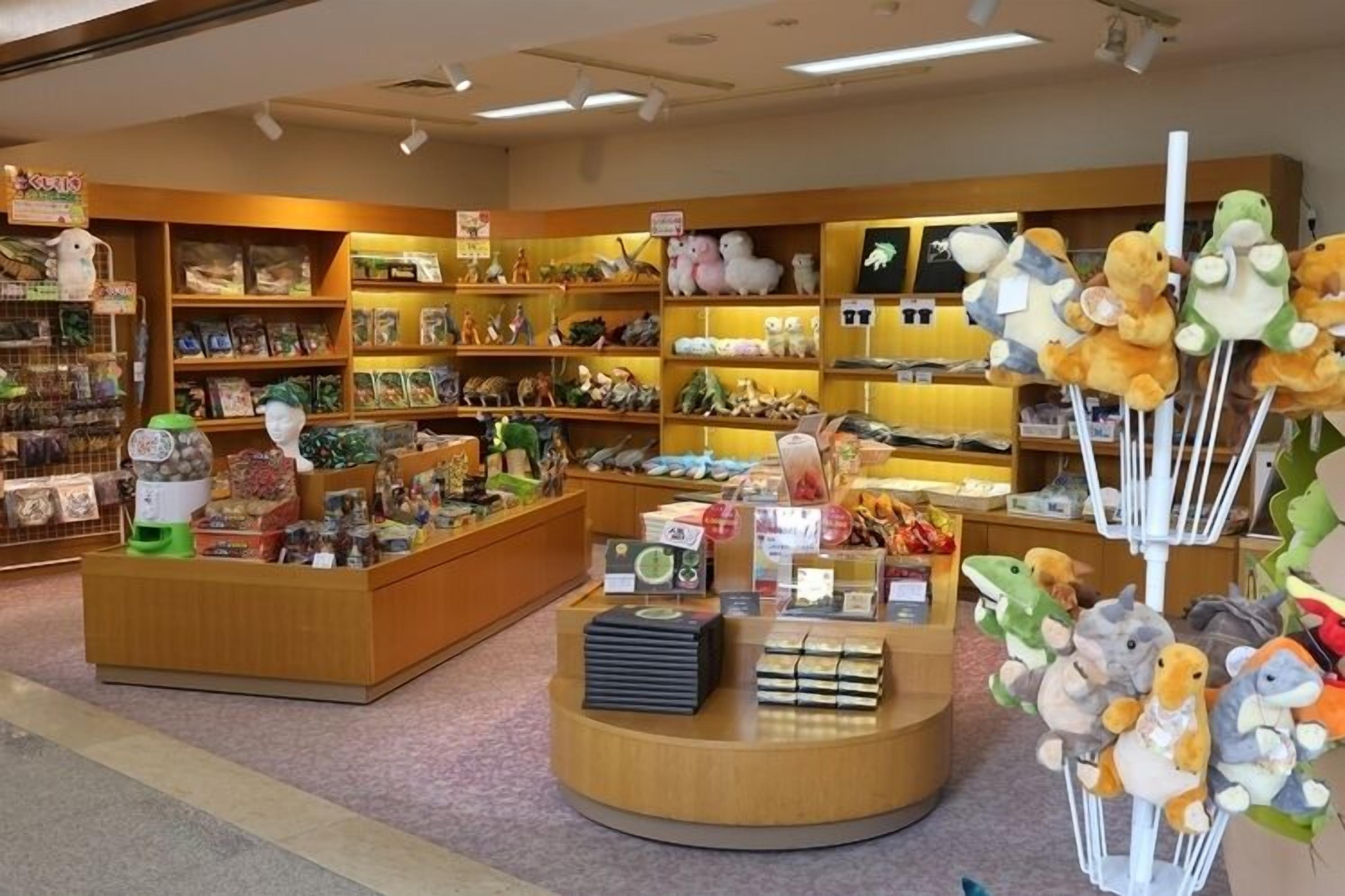 A store interior with wooden shelves stocked with toys and plush toys.