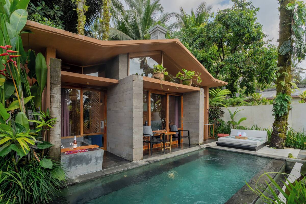 Una casa moderna con piscina, rodeada de exuberante vegetación.