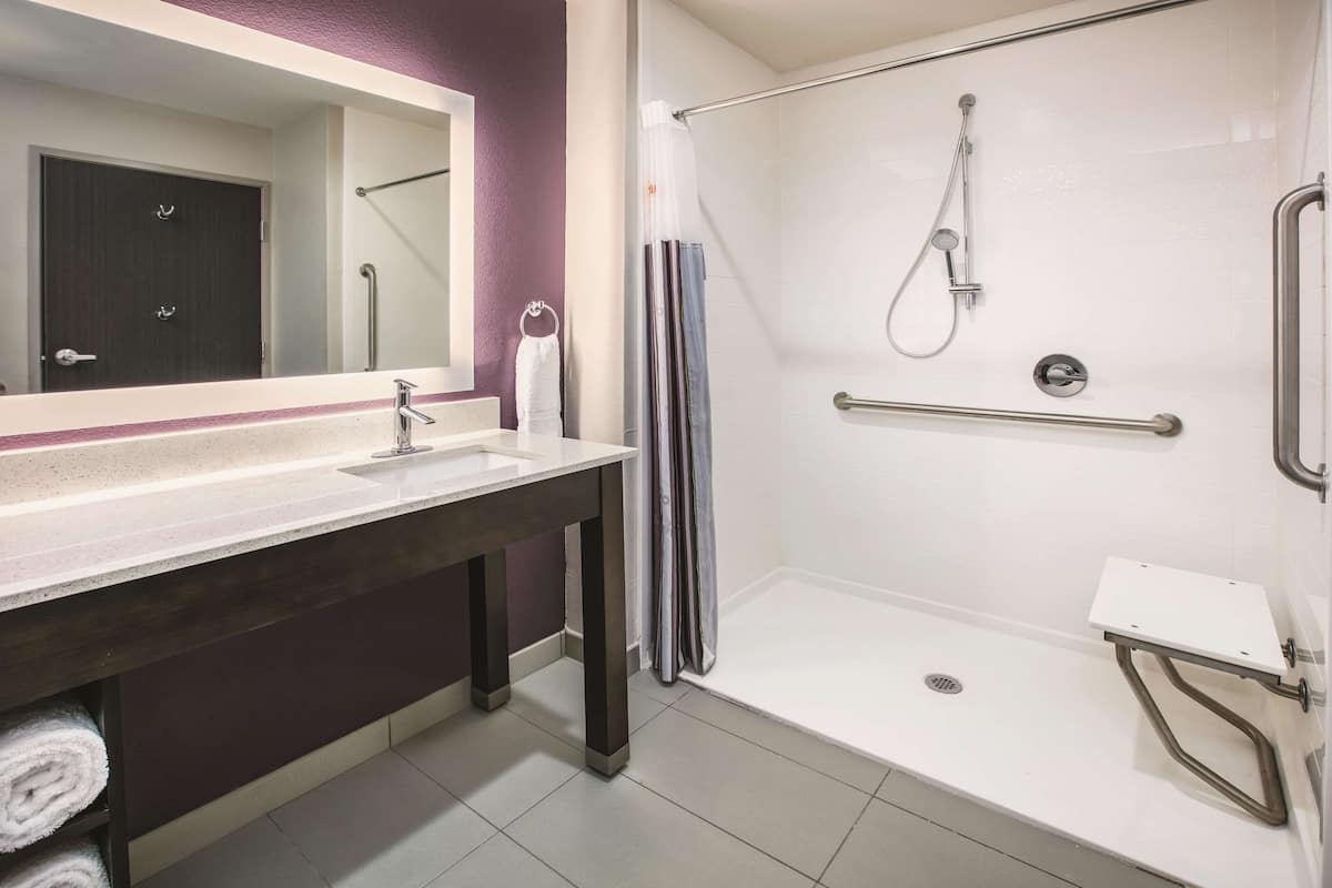 A modern bathroom with a shower, a sink, and a mirror.