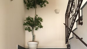 Una escalera con peldaños negros y patrones geométricos blancos, que lleva a un rellano con un árbol en maceta.