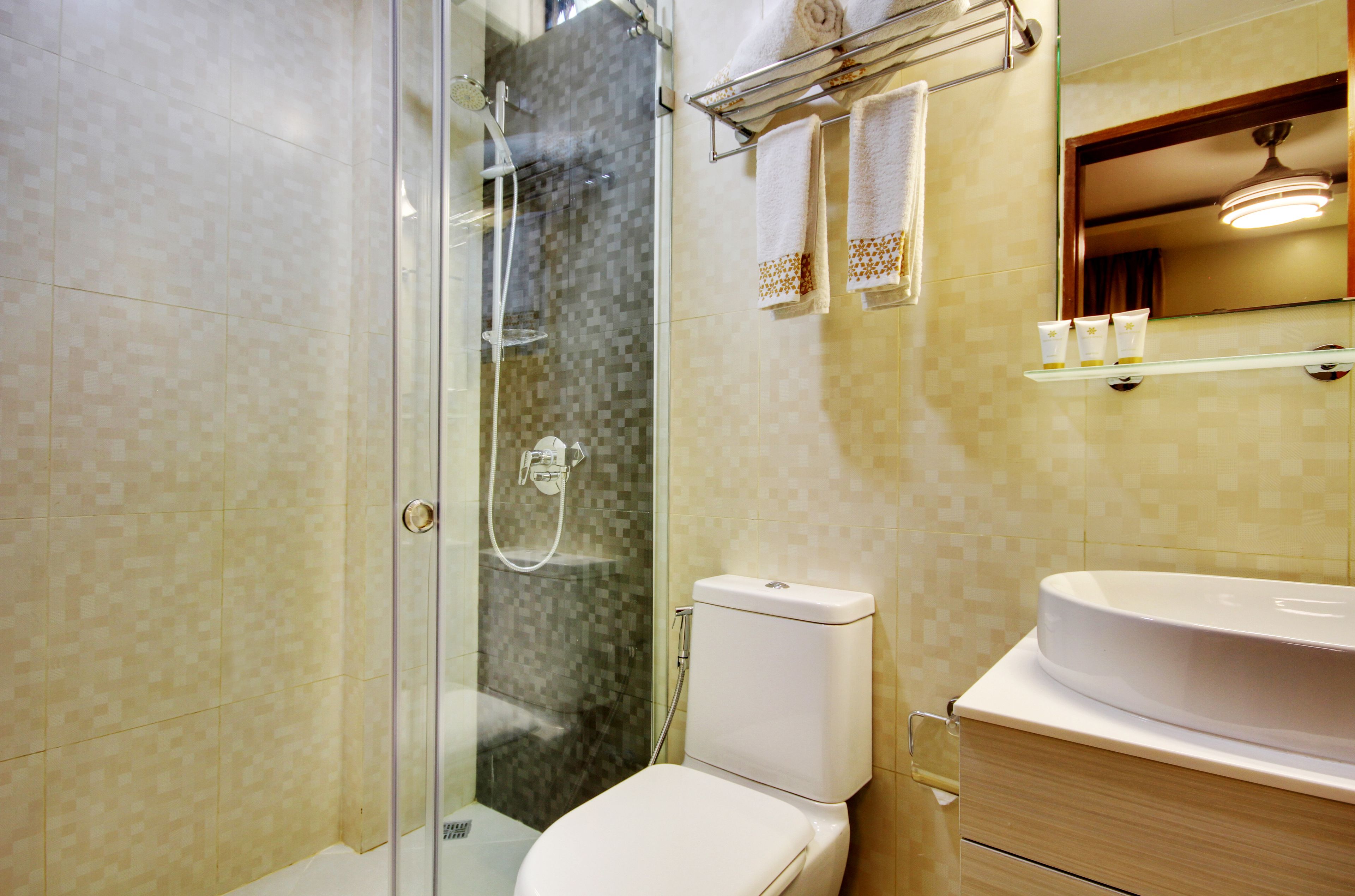 A bathroom with a glass shower enclosure, a toilet, and a sink with a mirror above it.