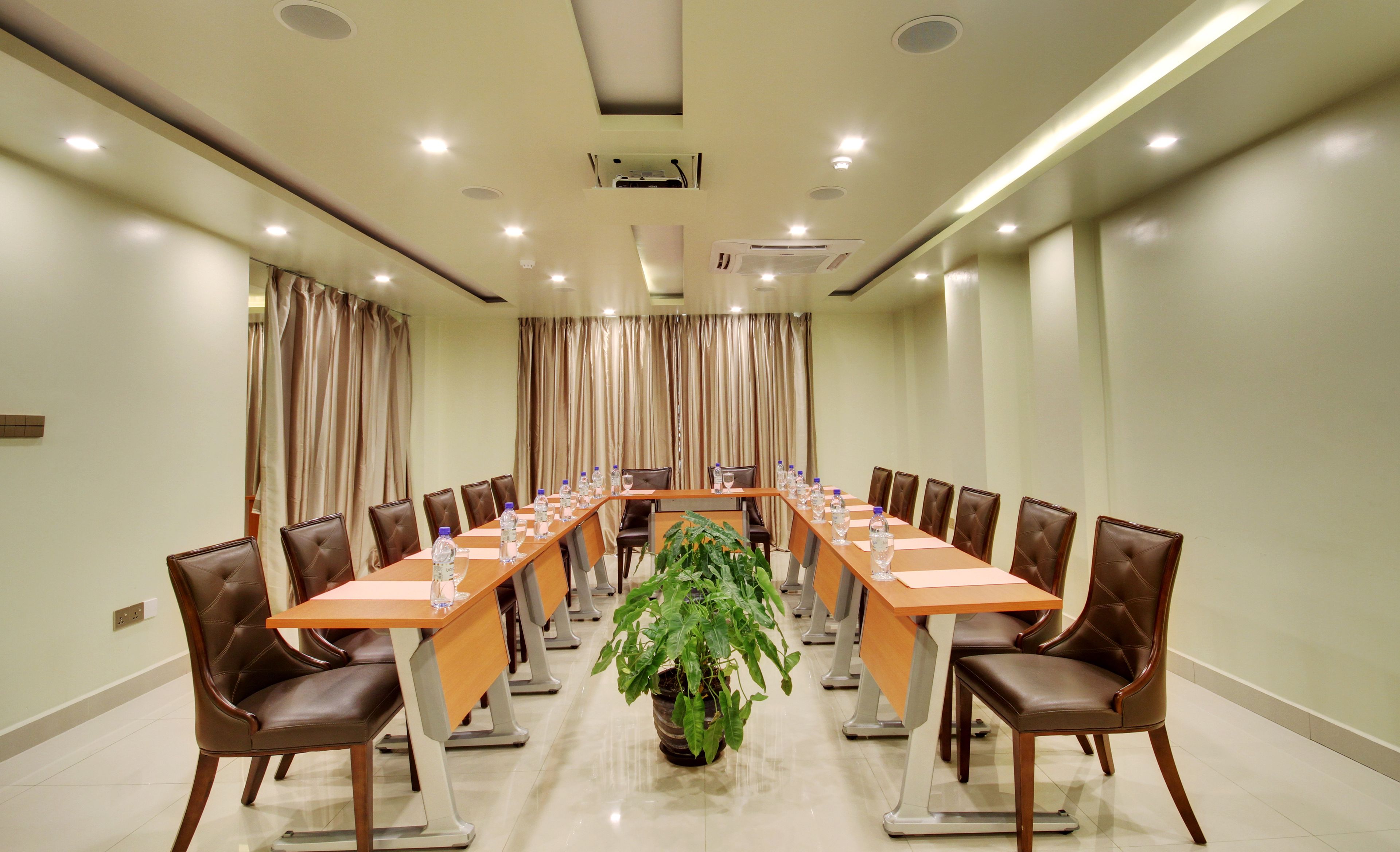 A conference room with a long table, brown leather chairs, and a potted plant.