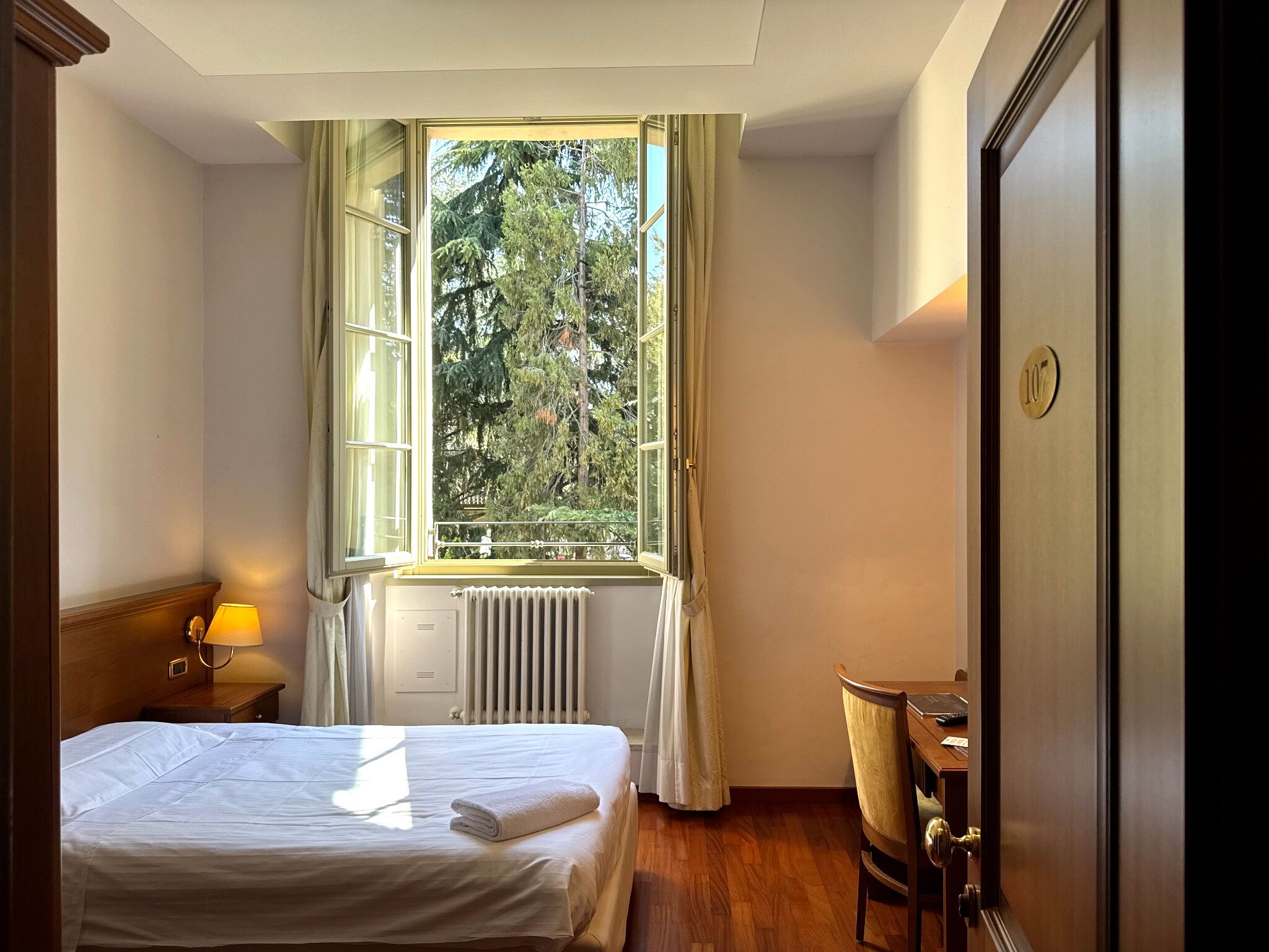 Singola panoramica, 1 letto a una piazza e mezza, vista giardino | Copriletto in piuma, una scrivania, postazione laptop, tende oscuranti