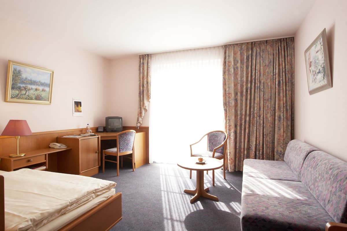 A hotel room with a bed, a desk with a chair, a sofa, and a television.