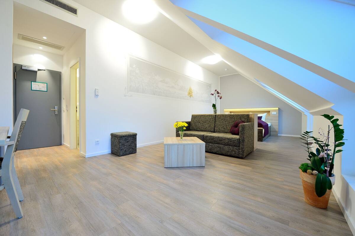 A modern living room with a wooden floor, a grey sofa, a white coffee table, and a potted plant.