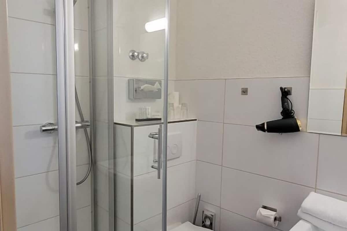 Shower, free toiletries, hair dryer, towels