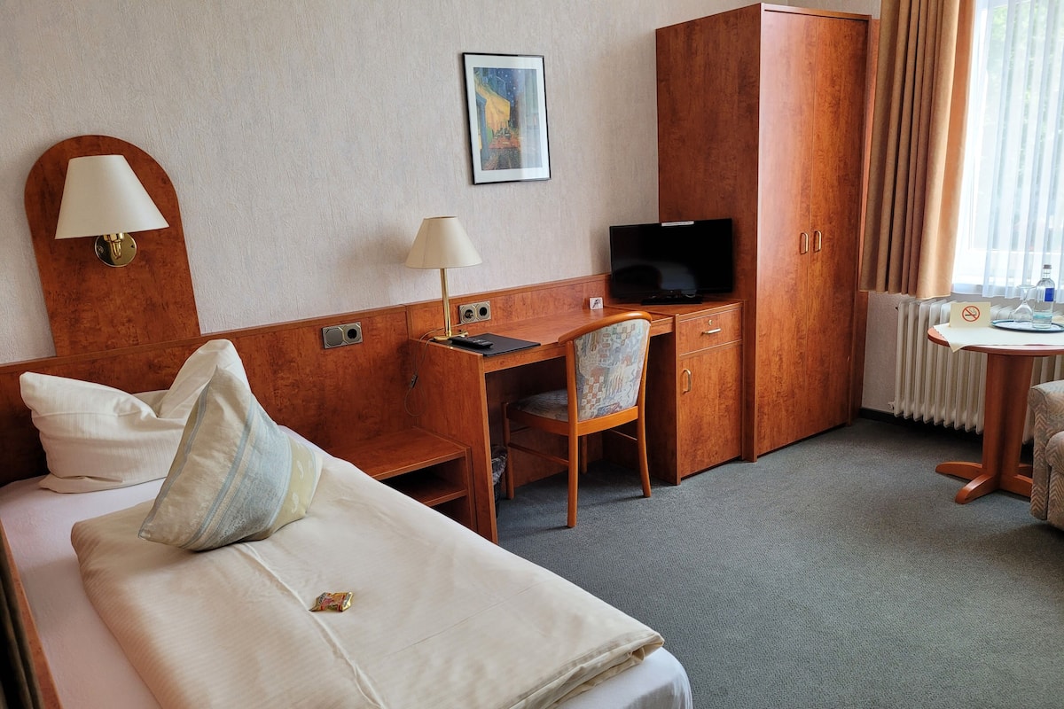 A hotel room with a bed, a desk, a chair, a television, and a radiator.