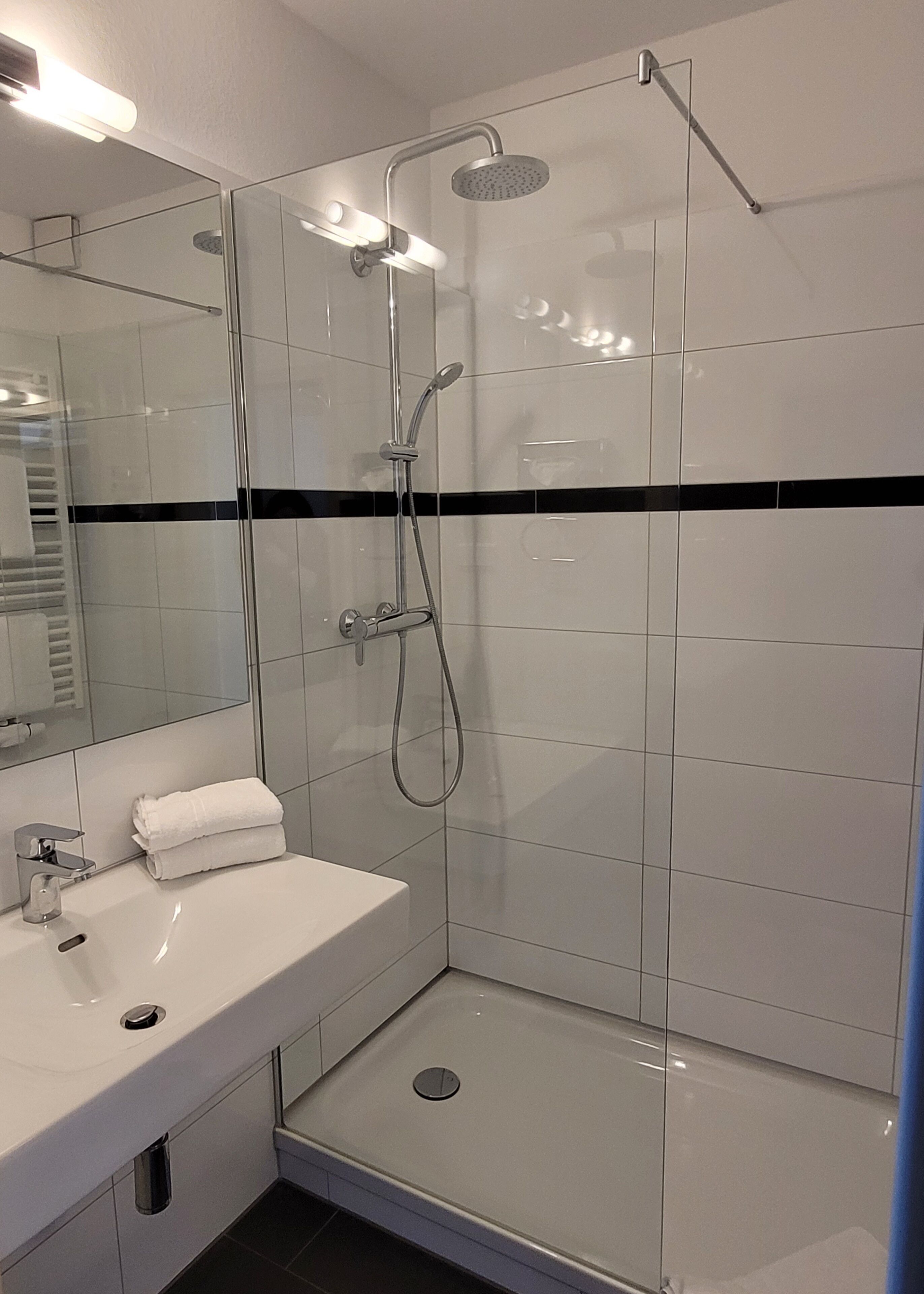 A modern bathroom with a glass-enclosed shower, a white sink, and a mirror.