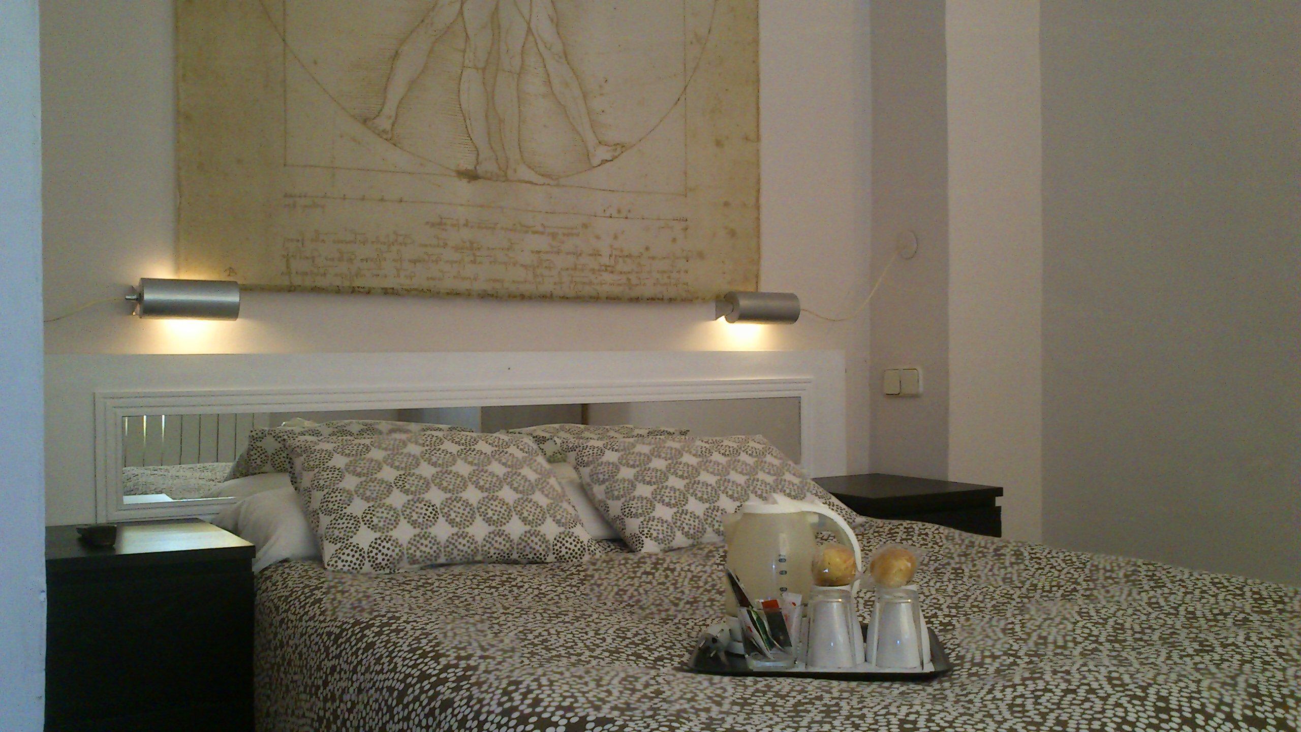 A bedroom with a bed, patterned pillows, a nightstand, a tray with toiletries, and a wall-mounted lamp.