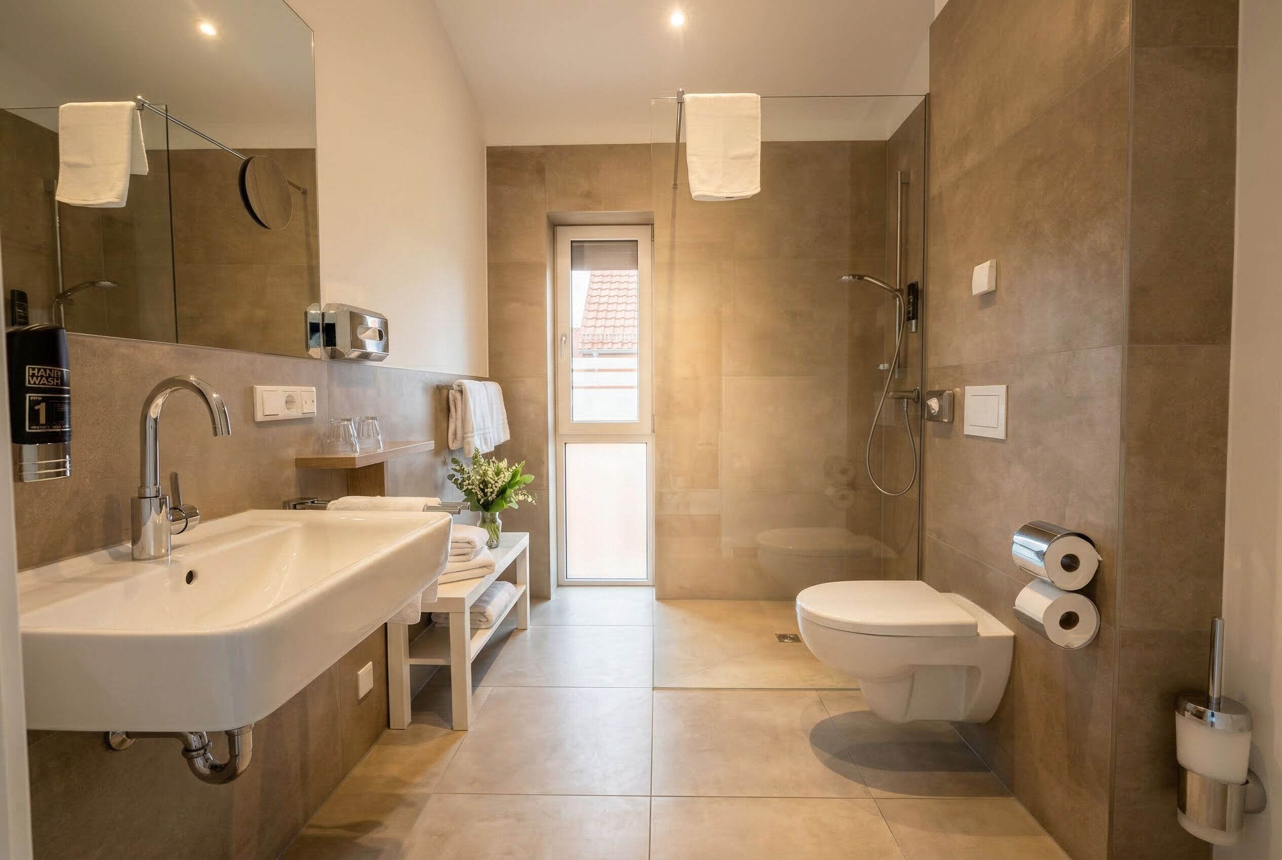 A modern bathroom with a sink, toilet, and shower.