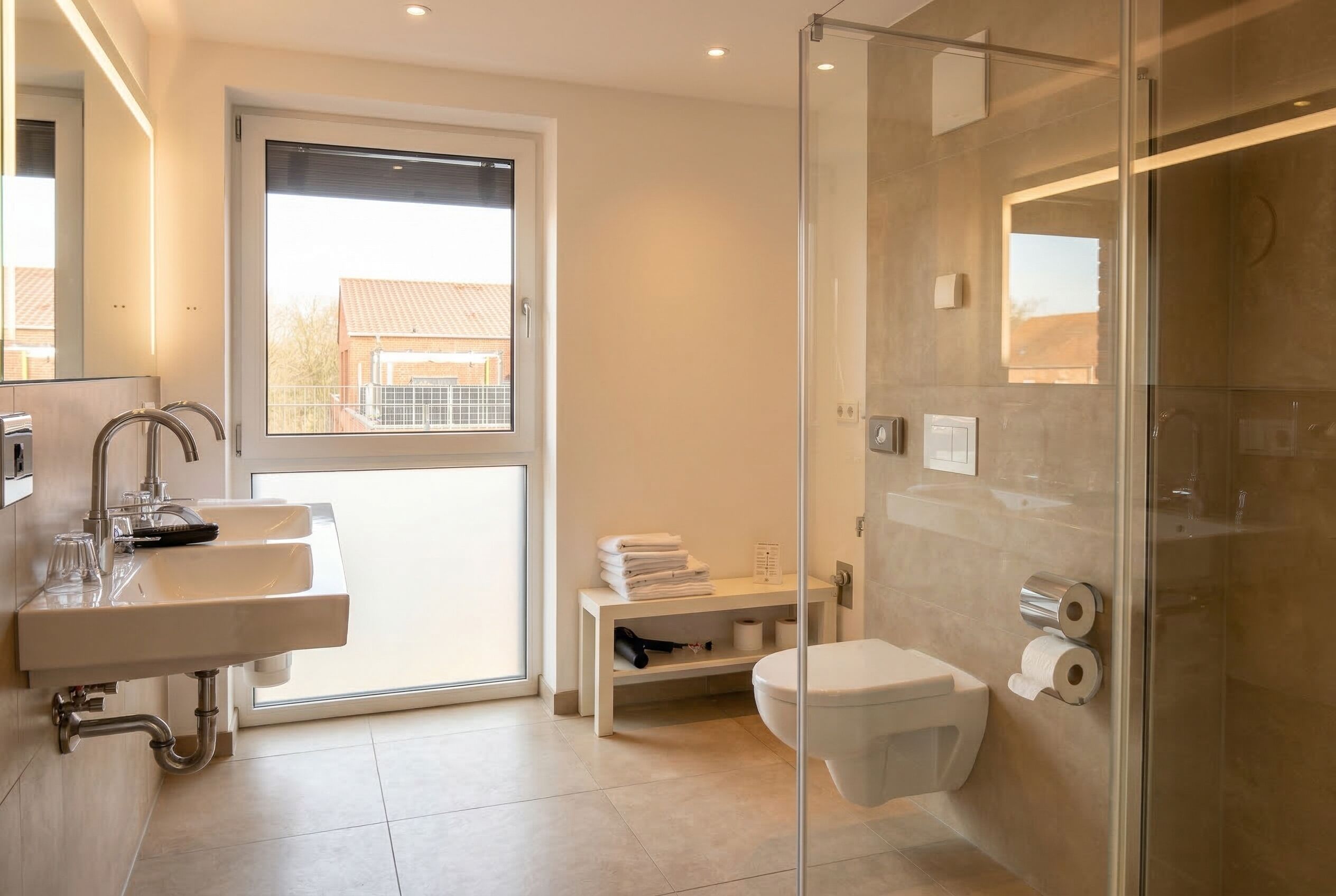 Une salle de bain moderne dotée d’une douche à parois de verre, de toilettes, d’un lavabo avec un miroir et d’une fenêtre laissant entrer la lumière naturelle.