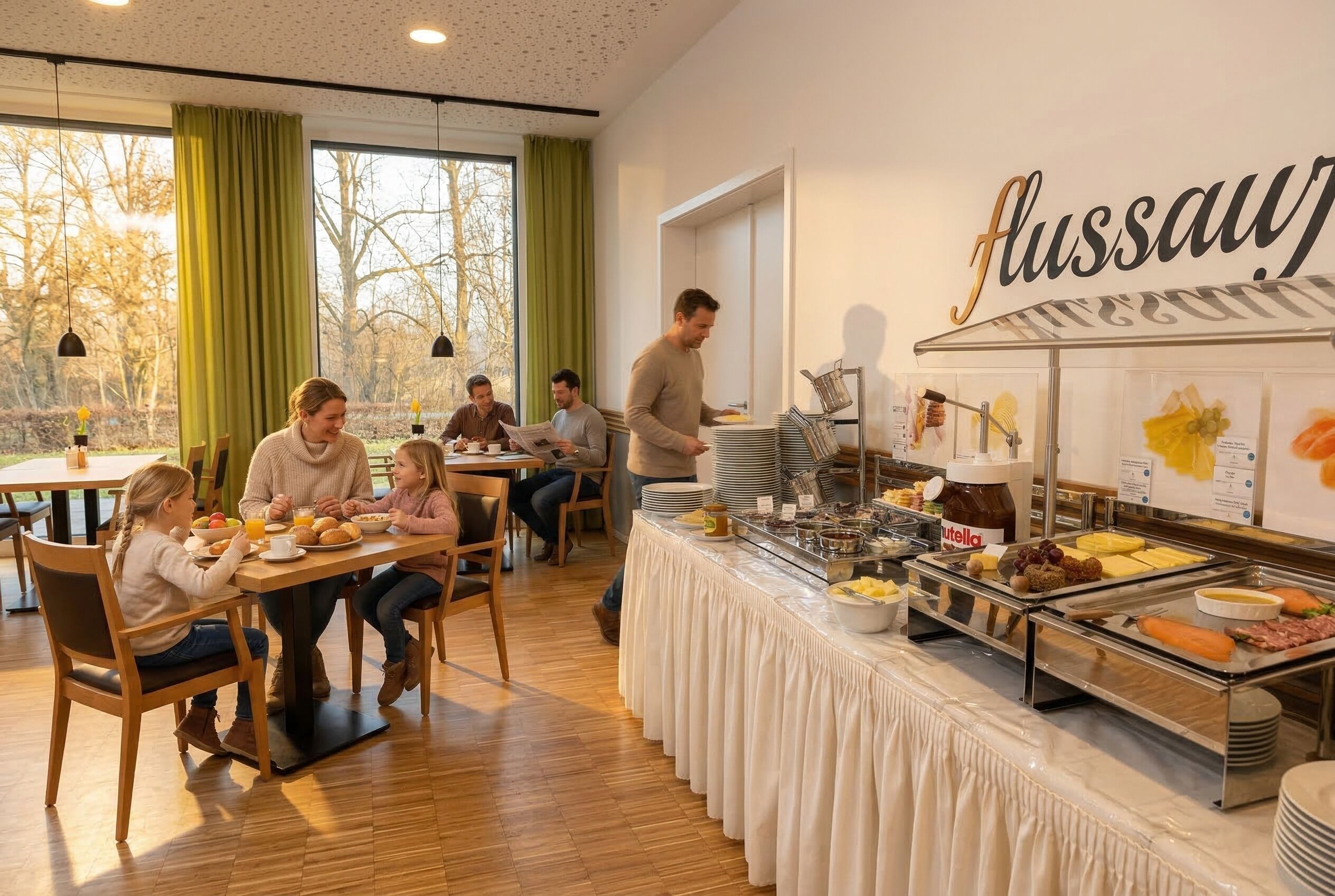 A breakfast buffet with various food items and a person serving.