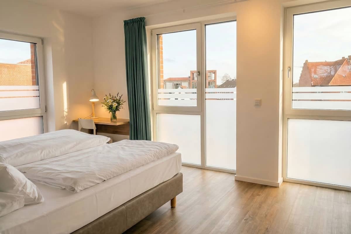 A bedroom with a bed, a desk, a chair, a lamp, and a view through a large window.
