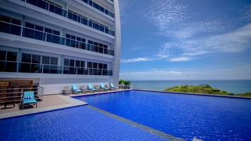 2 albercas al aire libre, acceso de 08:00 a 21:00, y camastros