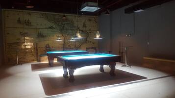 Two pool tables in a dimly lit room with a large map on the wall.