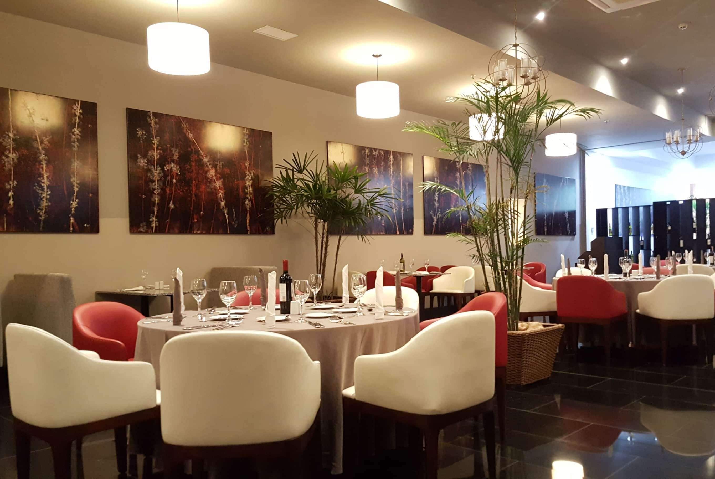 A dining area with round tables, white and red chairs, and a large potted plant.