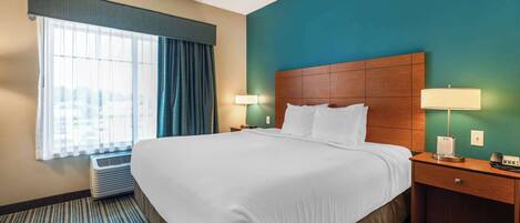 A hotel room with a large bed, a nightstand with a lamp, a window with curtains, and a wall heater.