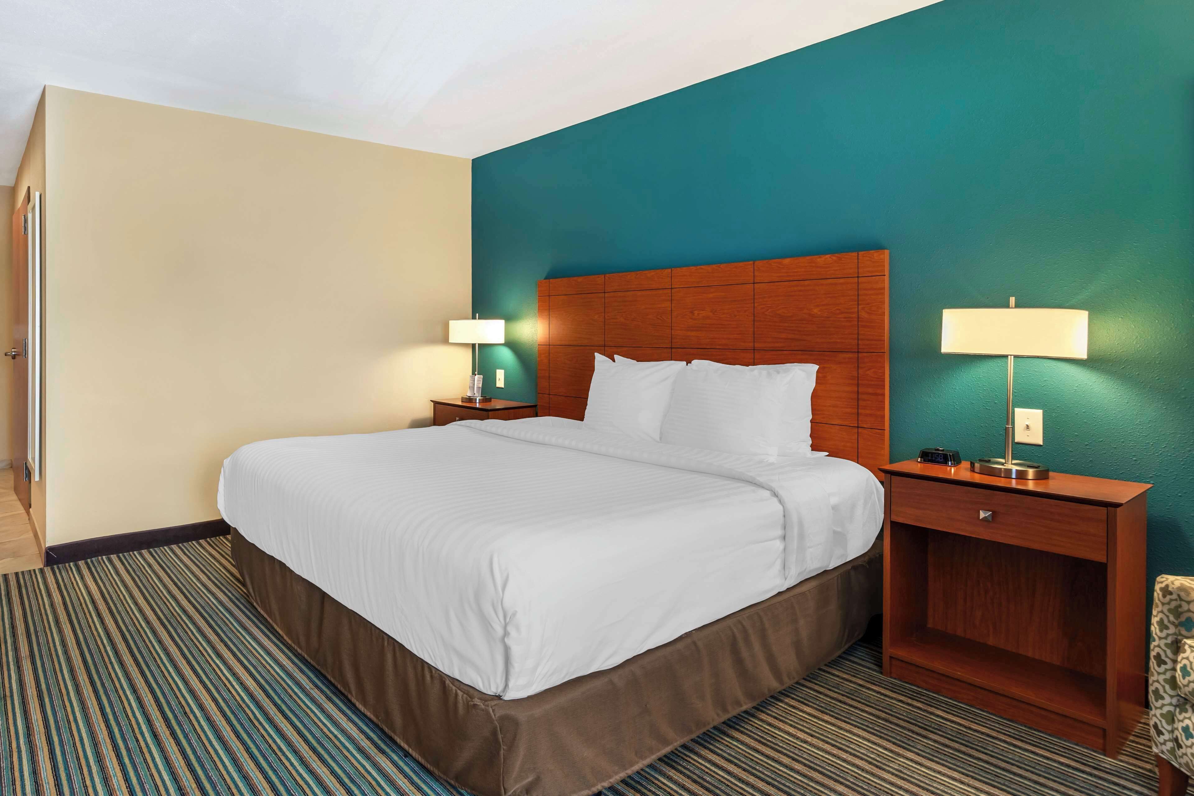 Une chambre d’hôtel avec un grand lit, deux tables de chevet avec des lampes, une tête de lit en bois et une moquette à rayures.