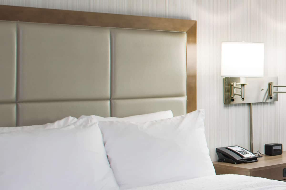 Hypo-allergenic bedding, desk, laptop workspace, blackout curtains