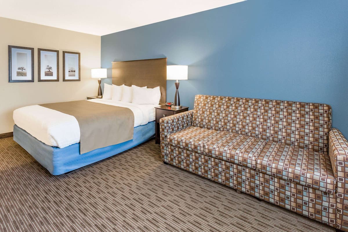 A hotel room with a bed, a patterned sofa, a nightstand with a lamp, and three framed pictures on the wall.