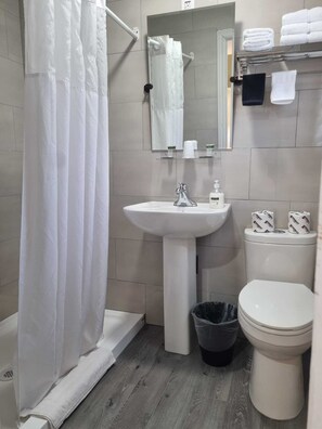Une salle de bain équipée d’un rideau de douche, d’un lavabo, d’un miroir, de toilettes et d’une poubelle.