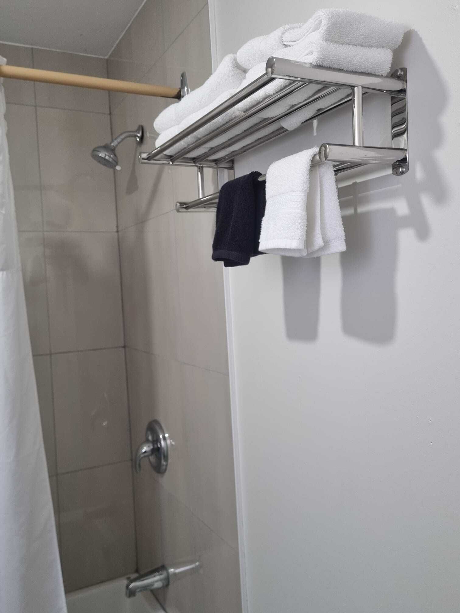 Un espace douche équipé d’un porte-serviettes sur lequel sont posées une serviette blanche et une serviette de couleur foncée, d’un pommeau de douche et d’un rideau de douche.