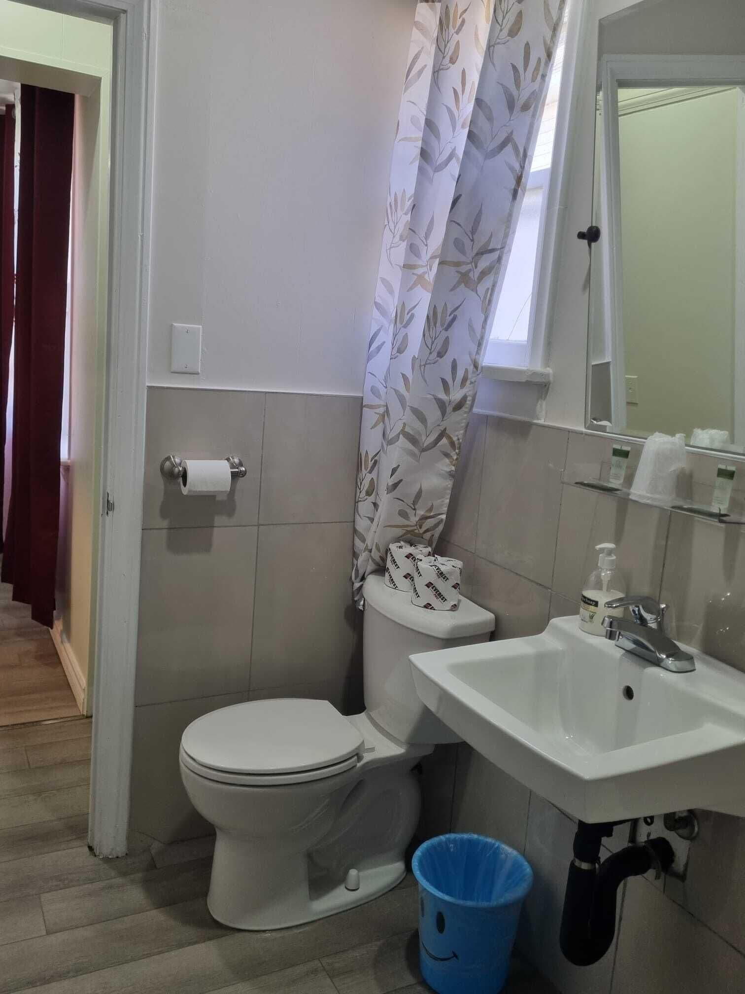 A bathroom with a toilet, a sink, a blue trash bin, and a shower curtain.