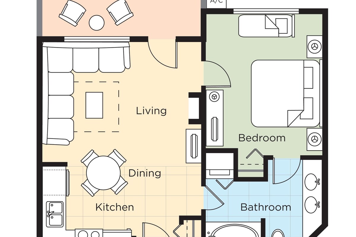 A floor plan of a house with a deck, living room, dining area, kitchen, bedroom, and bathroom.