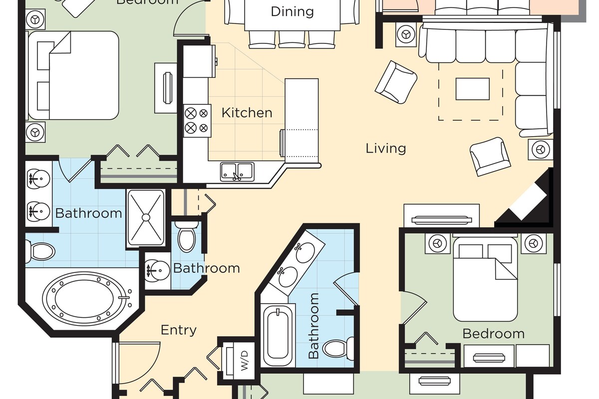 A floor plan of a hotel with a master bedroom, dining area, kitchen, two bathrooms, a deck, and a sunroom.
