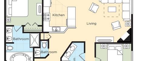 A floor plan of a hotel with a master bedroom, dining area, kitchen, two bathrooms, a deck, and a sunroom.