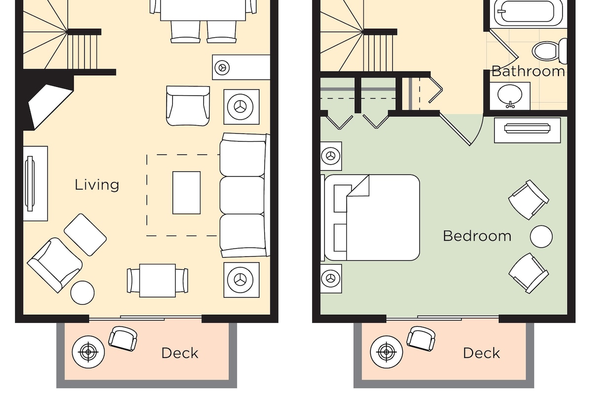 A floor plan of a two-story house with a foyer, kitchen, living room, dining area, two bedrooms, a bathroom, and a deck.