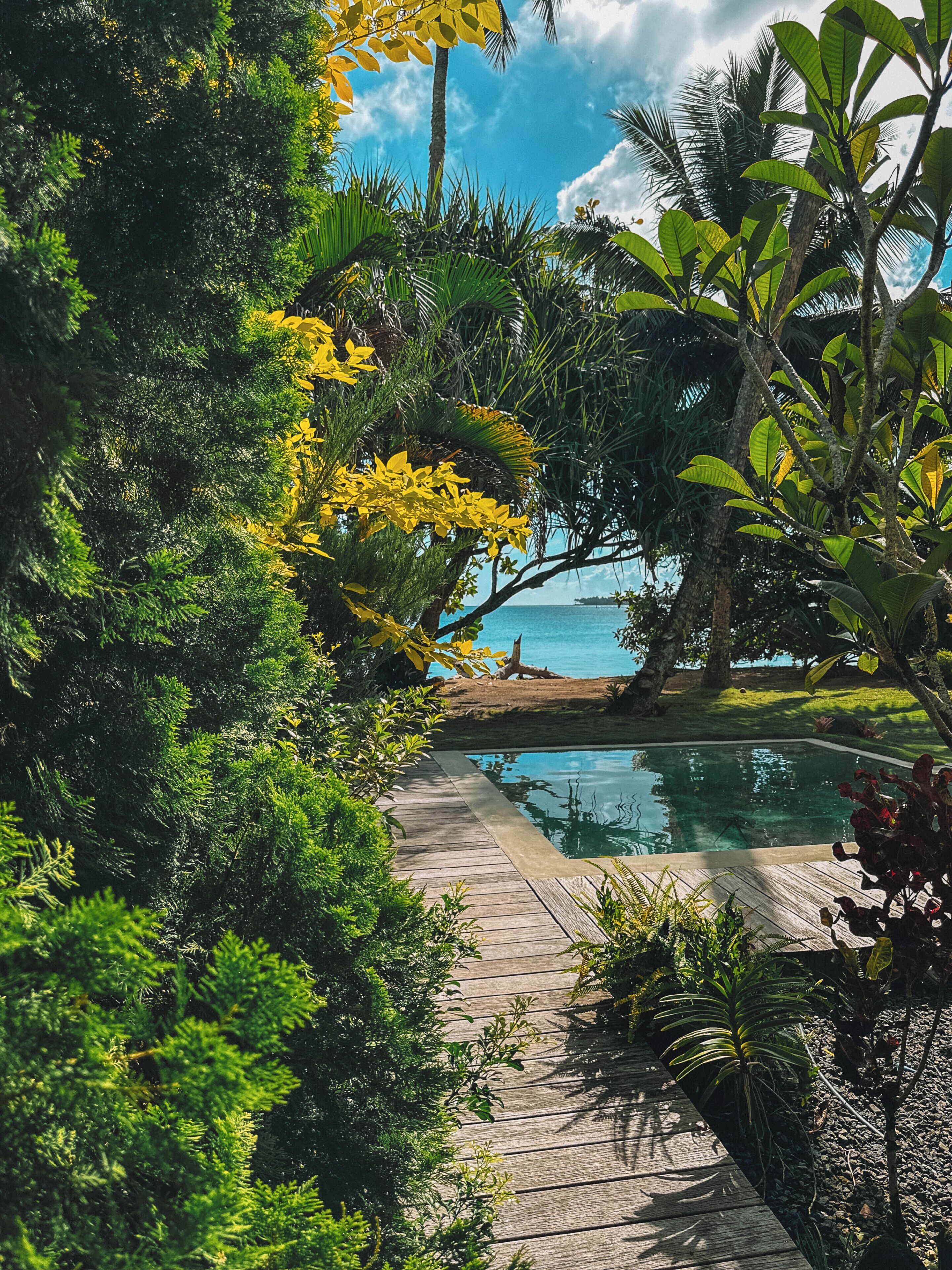 A wooden deck leading to a pool surrounded by lush greenery and a view of the ocean.