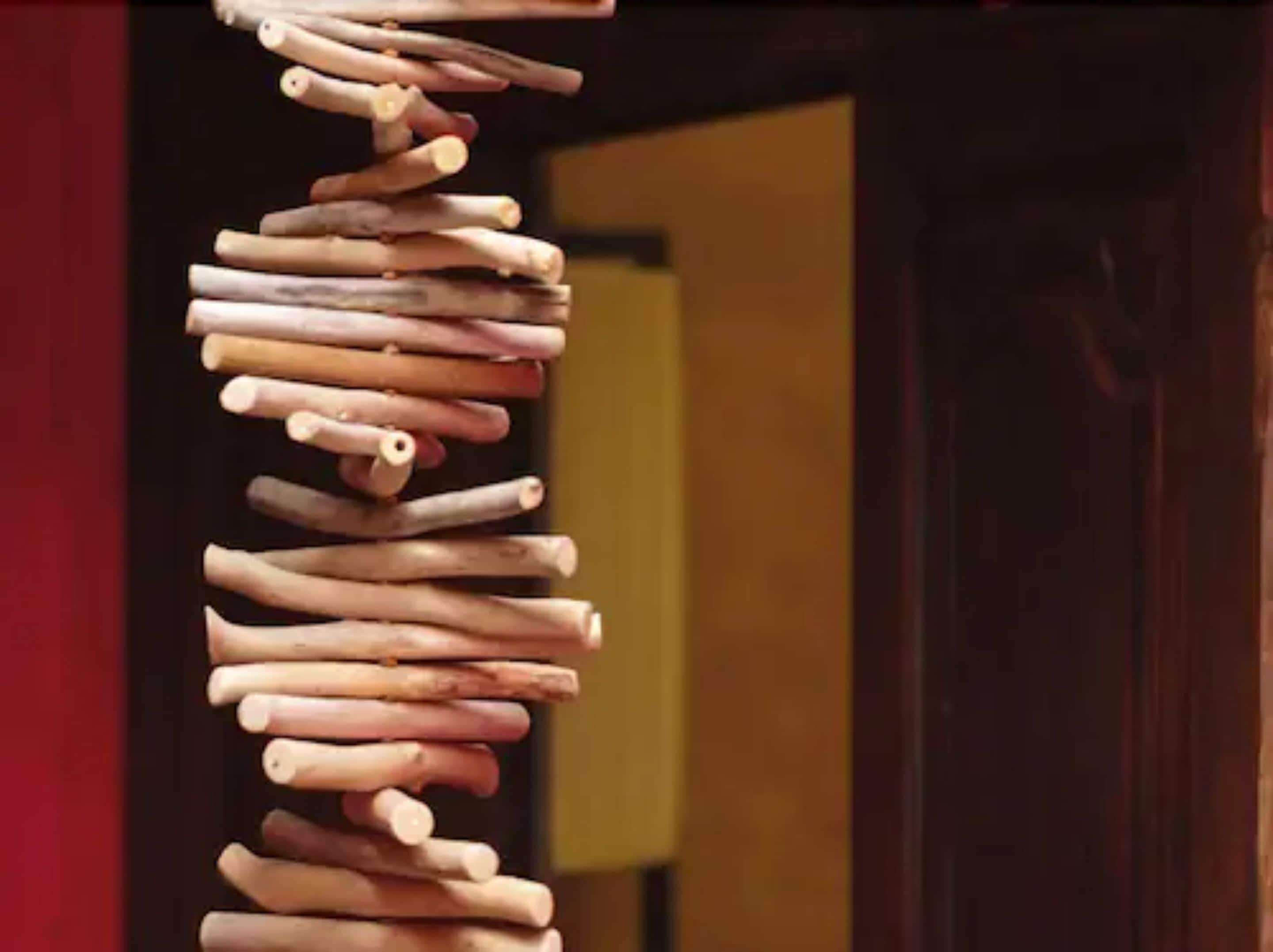 A vertical arrangement of wooden sticks.