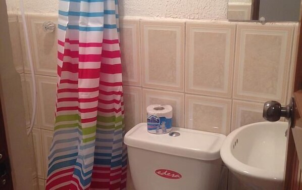 A bathroom with a toilet, a roll of toilet paper, and a shower curtain. - Guesthouse Nelson (Quito)