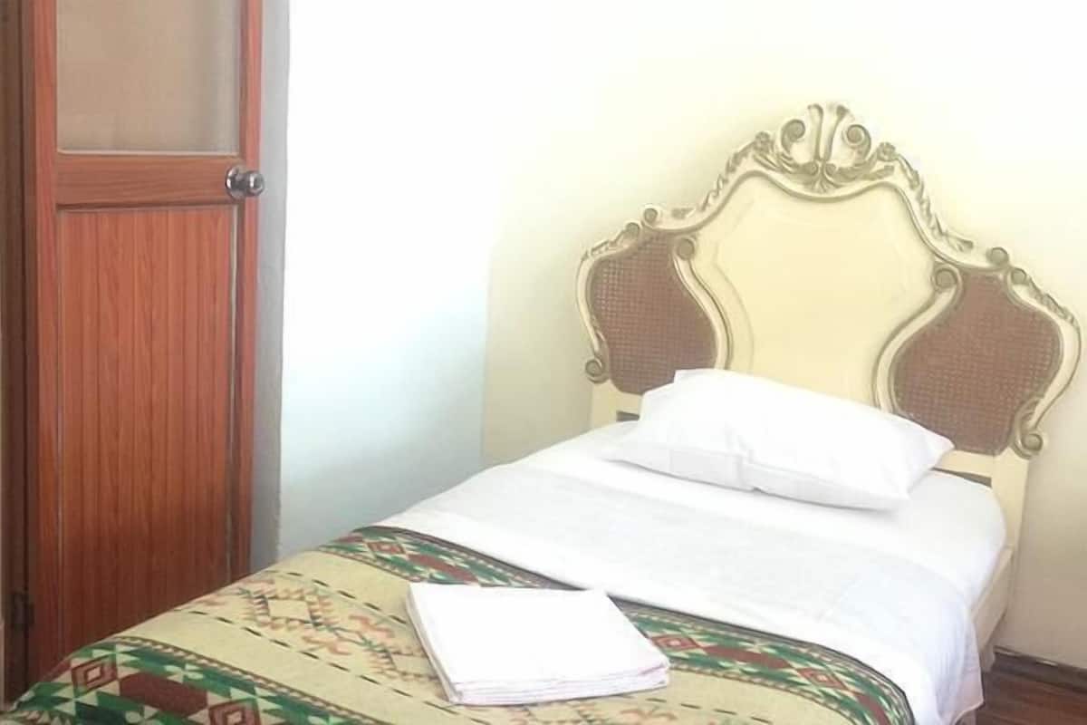 Uma cama de solteiro com colcha estampada e travesseiro branco, uma porta de madeira e cabeceira com design decorativo.