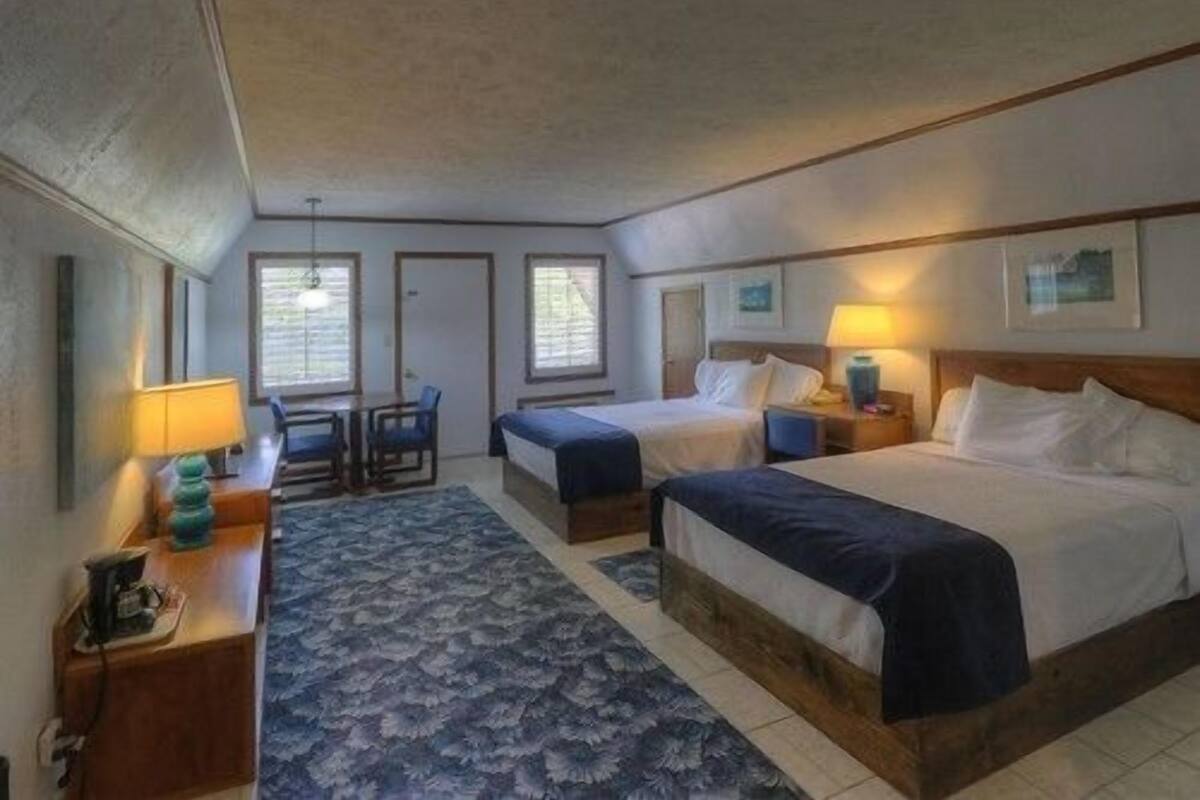 Een hotelkamer met twee bedden, een bureau met een lamp, een stoel en een kamerkleed met een patroon.