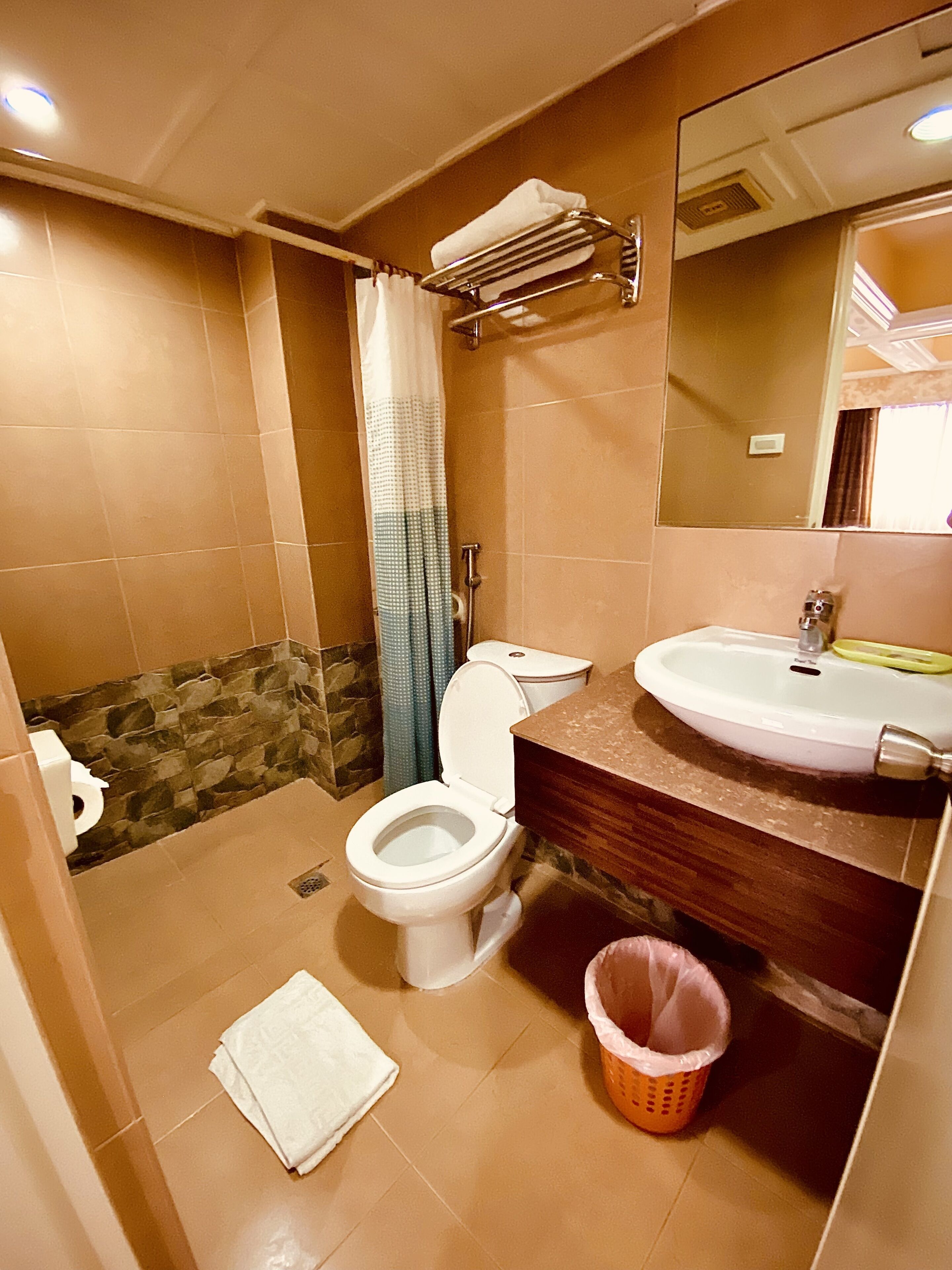 shower, designer toiletries, hair dryer, slippers