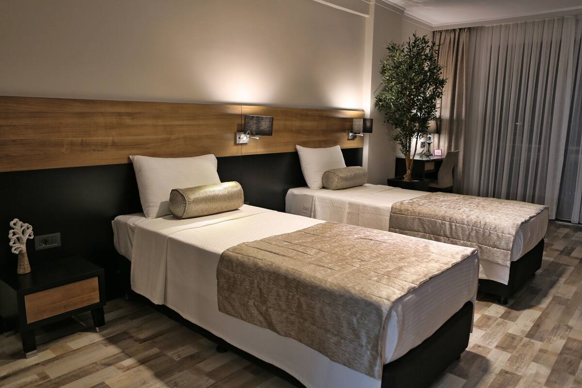 A hotel room with two beds, a nightstand, a lamp, and a plant.