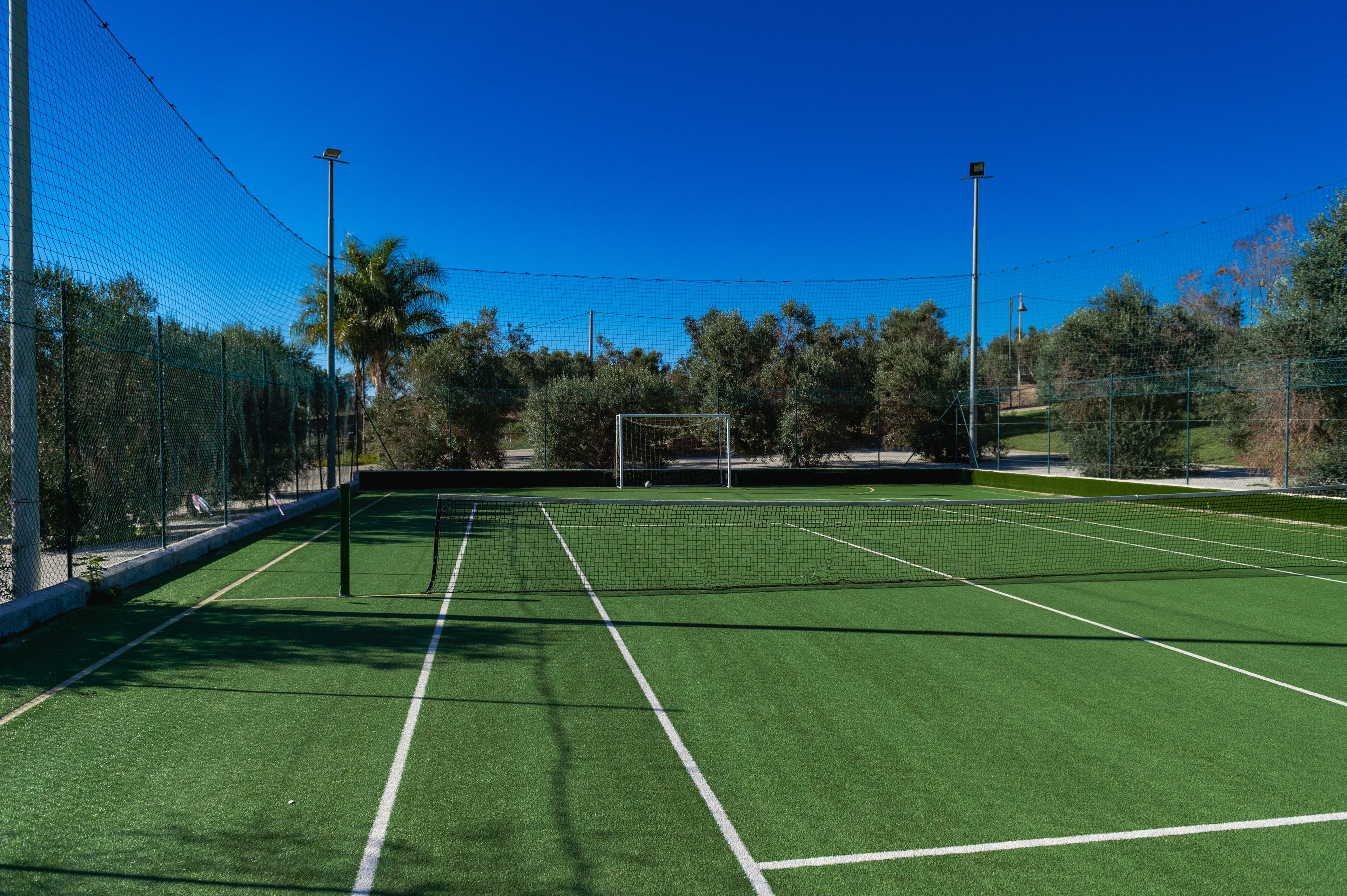 A tennis court with a net, surrounded by a fence and palm trees.