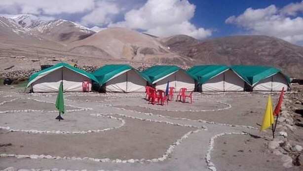 A row of tents with a clear sky and mountains in the background. - Golden Mark Camp (Leh)